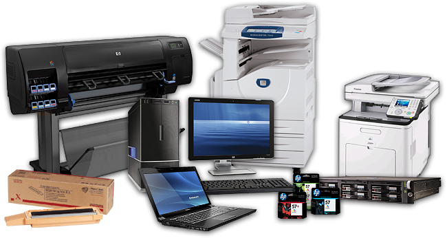 Collage of plotters, servers, notebooks, desktops, printer maintenance kits, workcenter multifunctions, toner,  and ink cartridges from HP, Canon, Xerox, Lenovo, and other brands that Tower supplies or services.